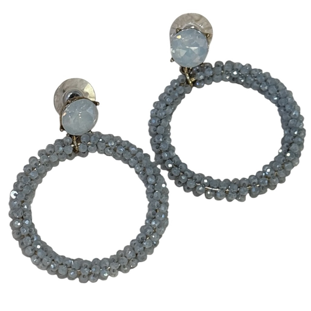 Gray Glass Beaded Hoop Earrings with Cabochon Top | Modern Boho